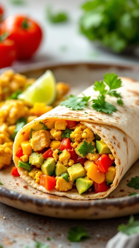 Tofu scramble burrito with colorful filling and avocado, garnished with cilantro, on a rustic plate.